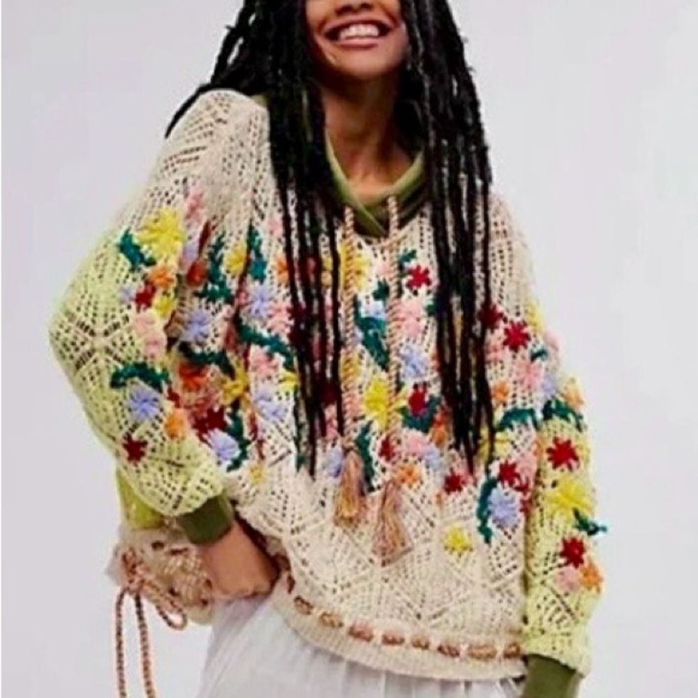 NWT!  Free People Wild Meadow Pullover w Hoodie Crochet Knit Sweater Size L